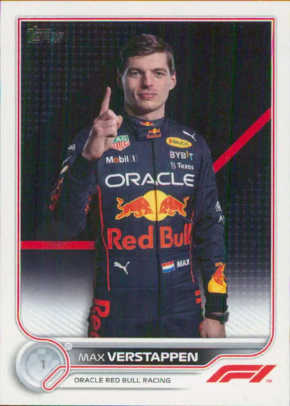 Max Verstappen in Red Bull Oracle uniform with Dutch flag on 2022 Topps Formula 1 Racing Card