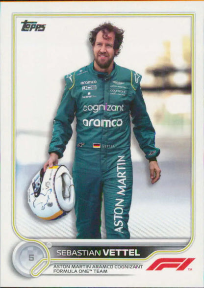 Topps Formula 1 trading card of Sebastian Vettel in green Aston Martin racing overalls