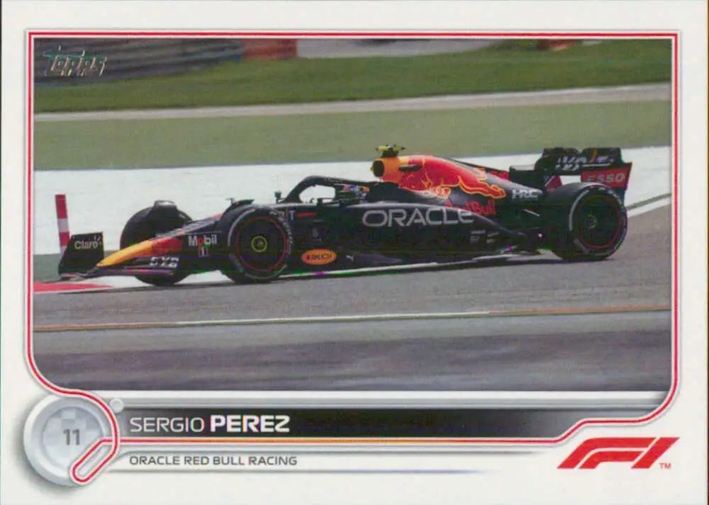 Red Bull Formula 1 car with Oracle sponsorship featuring Sergio Perez on track for Topps Formula racing card