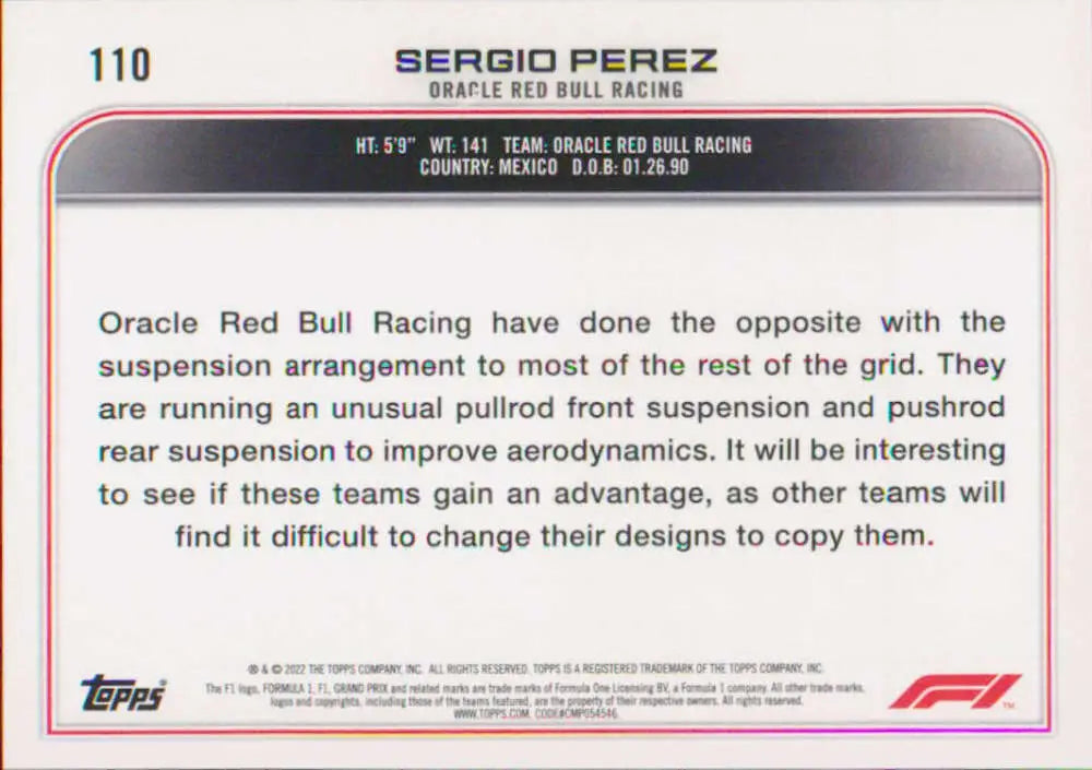 Sergio Perez Racing Card showcasing Oracle Red Bull Racing Suspension System details