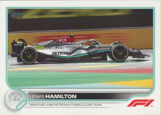 Mercedes-AMG Petronas Formula 1 car driven by Lewis Hamilton on a racetrack for Topps Formula racing card