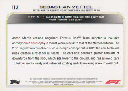 Trading card showcasing Aston Martin’s aerodynamic philosophy featuring Sebastian Vettel