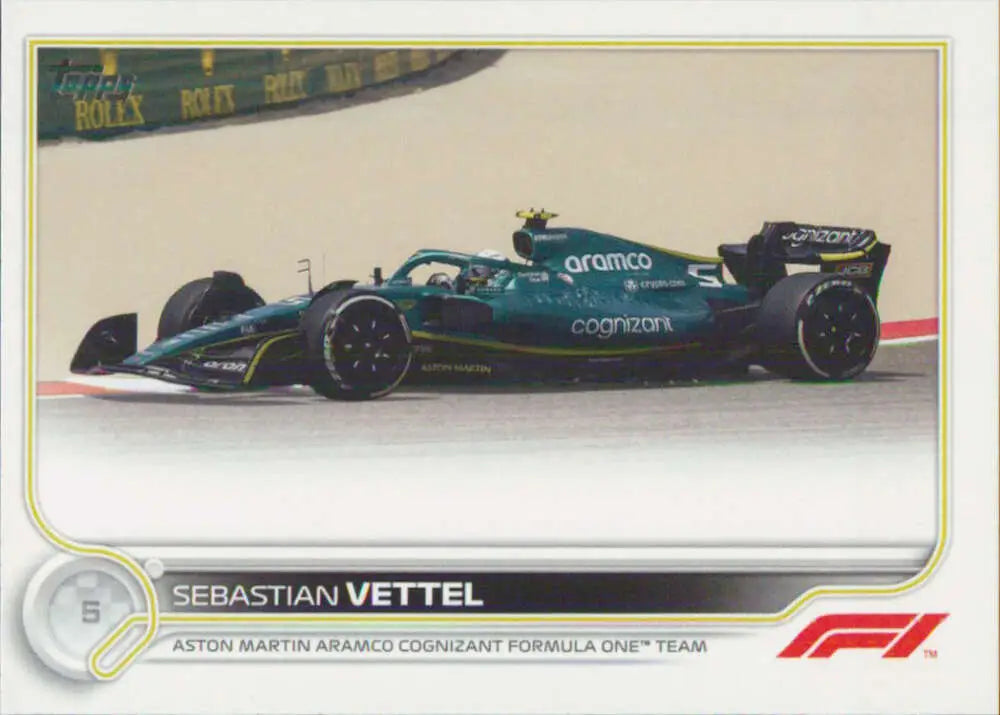 Aston Martin Aramco Cognizant Formula 1 car in teal and green on Topps Formula racing card