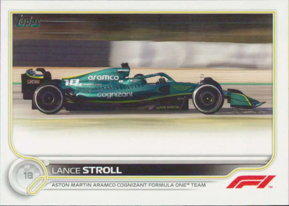 Green Aston Martin Formula 1 car with Aramco sponsorship featuring Lance Stroll racing card