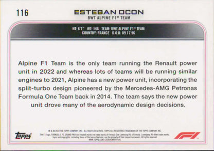 Esteban Ocon Topps Formula 1 racing card showcasing Alpine F1 Team power unit specs