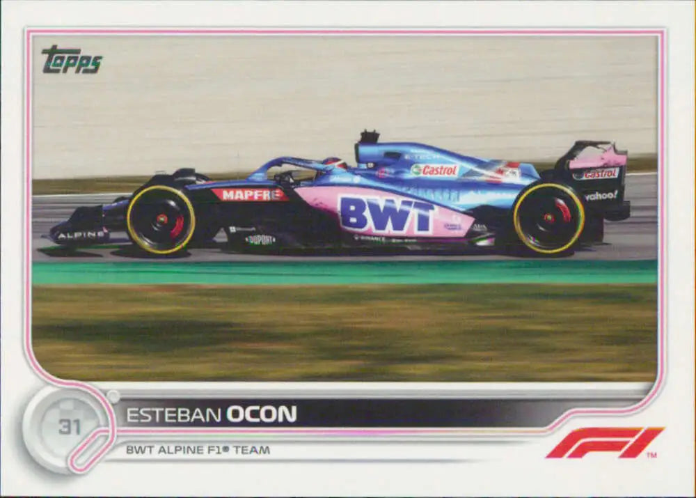 Esteban Ocon in blue and pink BWT Alpine livery on 2022 Topps Formula 1 racing card