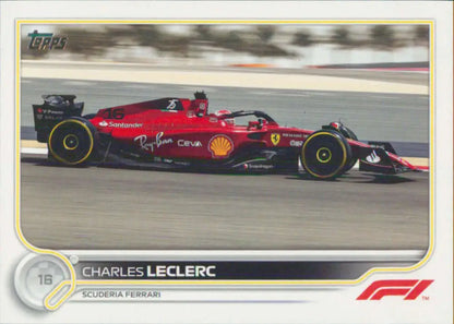 Red Ferrari Formula 1 car on track featuring Charles Leclerc in Topps Formula racing card