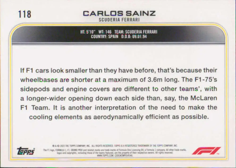 Carlos Sainz Topps Formula 1 racing card showcasing Ferrari’s sidepod design details