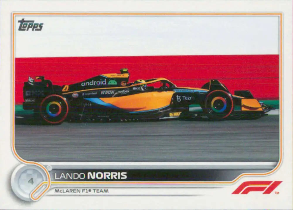 McLaren Formula 1 car in orange and blue livery on 2022 Topps Formula Racing Card