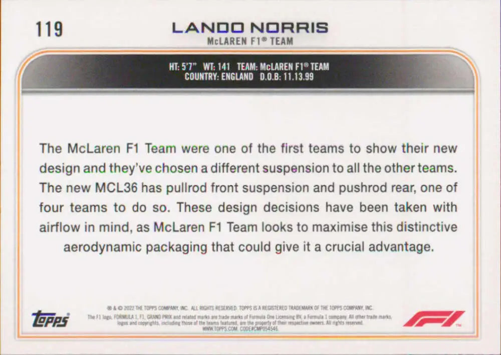 Trading card featuring McLaren F1 MCL36 design info under Lando Norris Topps Formula series