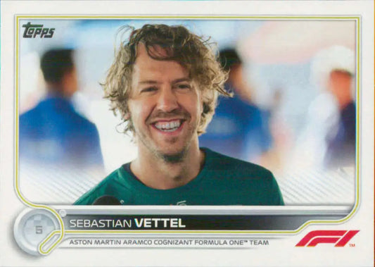 Topps Formula 1 Sebastian Vettel Racing Card featuring Aston Martin driver in green shirt