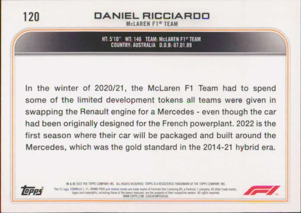 Daniel Ricciardo Trading Card highlighting McLaren F1 Team engine switch to Mercedes