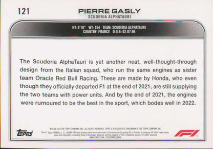 Racing card showcasing Pierre Gasly and Scuderia AlphaTauri’s Honda F1 car