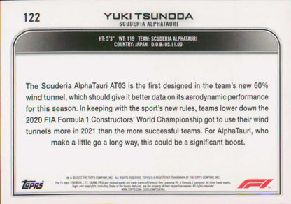 Yuki Tsunoda’s Topps Formula 1 racing card featuring Scuderia AlphaTauri AT03 details