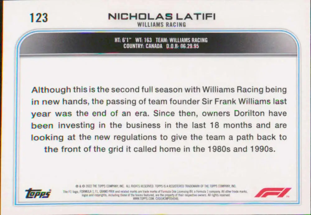 Racing card showcasing Williams Racing history and ownership changes, featuring Nicholas Latifi