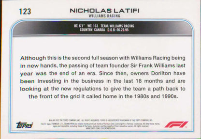 Racing card showcasing Williams Racing history and ownership changes, featuring Nicholas Latifi