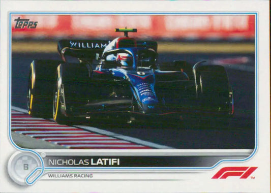 Williams Formula 1 racing car on track featuring Nicholas Latifi Topps Formula card