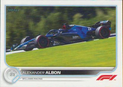 Formula 1 racing car in dark blue and red, featured on Alexander Albon Topps Formula card