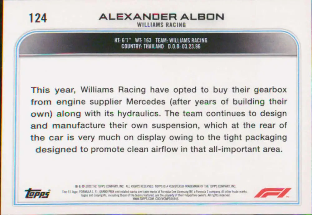 Trading card featuring technical info on Williams Racing’s gearbox and suspension systems