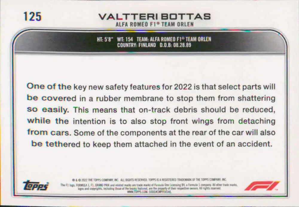 2022 Topps Formula 1 #125 Valtteri Bottas Racing Card with Safety Information