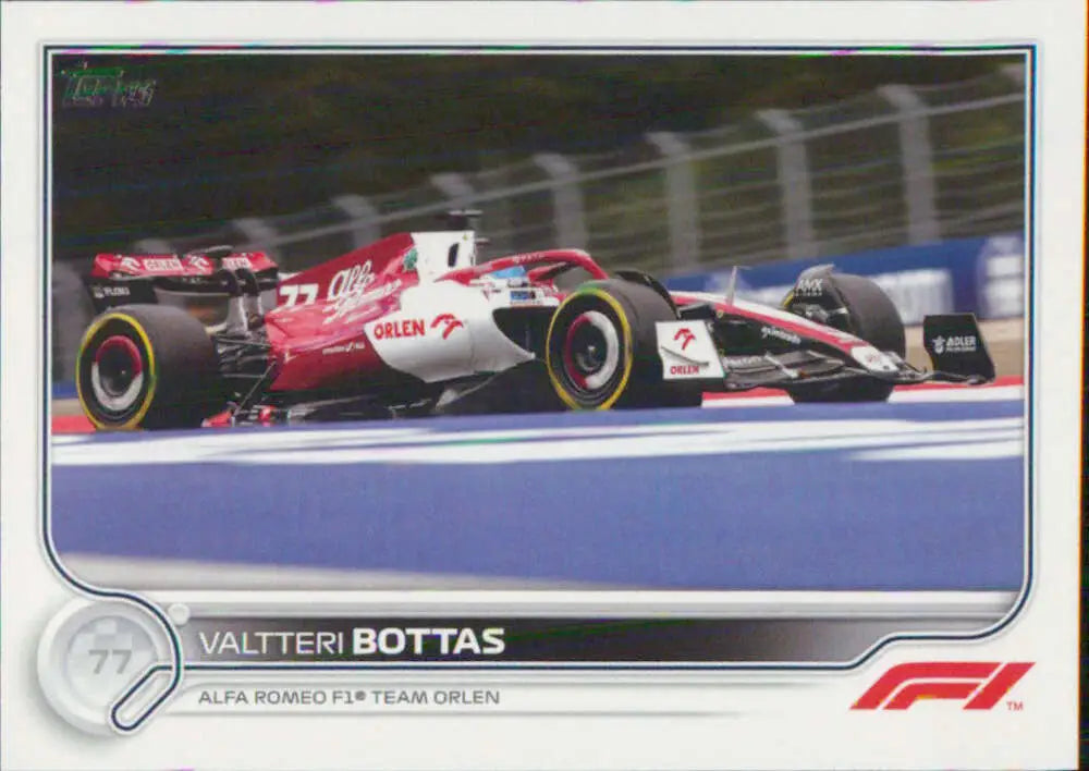 Valtteri Bottas driving a red and white Alfa Romeo in 2022 Topps Formula 1 racing card