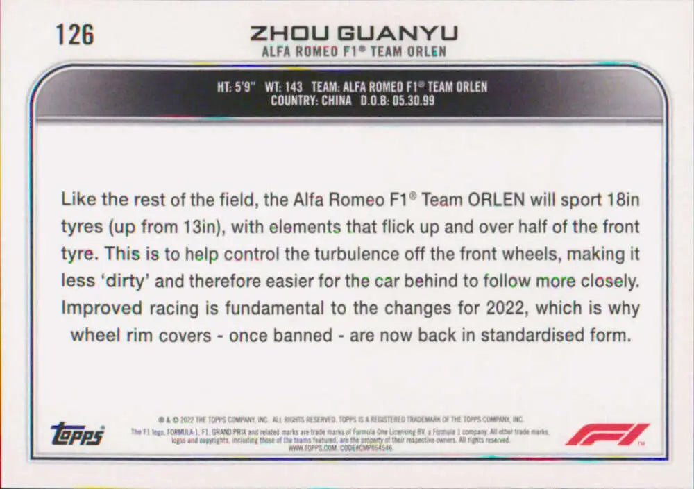 Trading card featuring technical specs of Alfa Romeo F1 wheel, Topps Formula 1 Zhou Guanyu