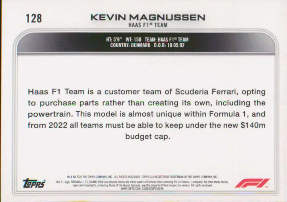 Trading card featuring Kevin Magnussen and Haas F1 Team’s link to Ferrari from Topps Formula