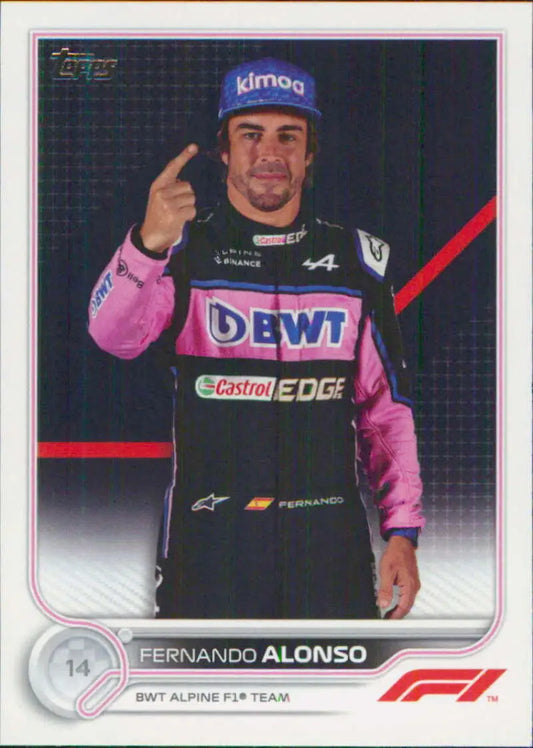 Fernando Alonso in black BWT Alpine uniform with blue Kimoa cap on Topps Formula 1 card