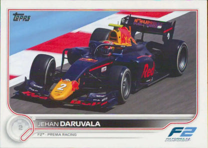 Red Bull-branded Formula 2 car with dark blue livery on Jehan Daruvala Topps Formula racing card