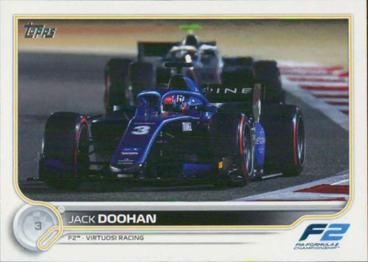 Blue Formula 2 racing car with Virtuosi Racing livery featuring Jack Doohan on track