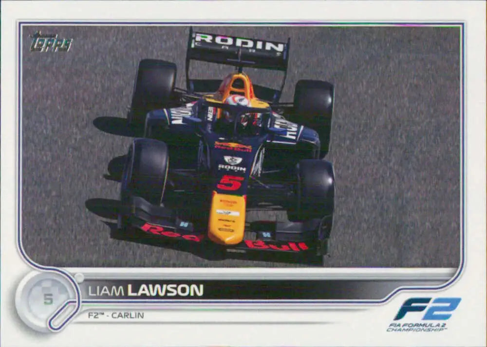 Formula 2 car with Rodin branding in blue and yellow on Liam Lawson Topps Formula racing card