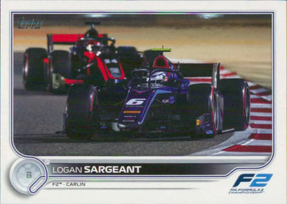 Formula 2 race car in blue and red livery featured in Topps Formula racing card of Logan Sargeant