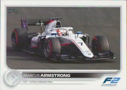 White and black Formula 2 car with red accents on 2022 Topps Formula Marcus Armstrong Racing Card