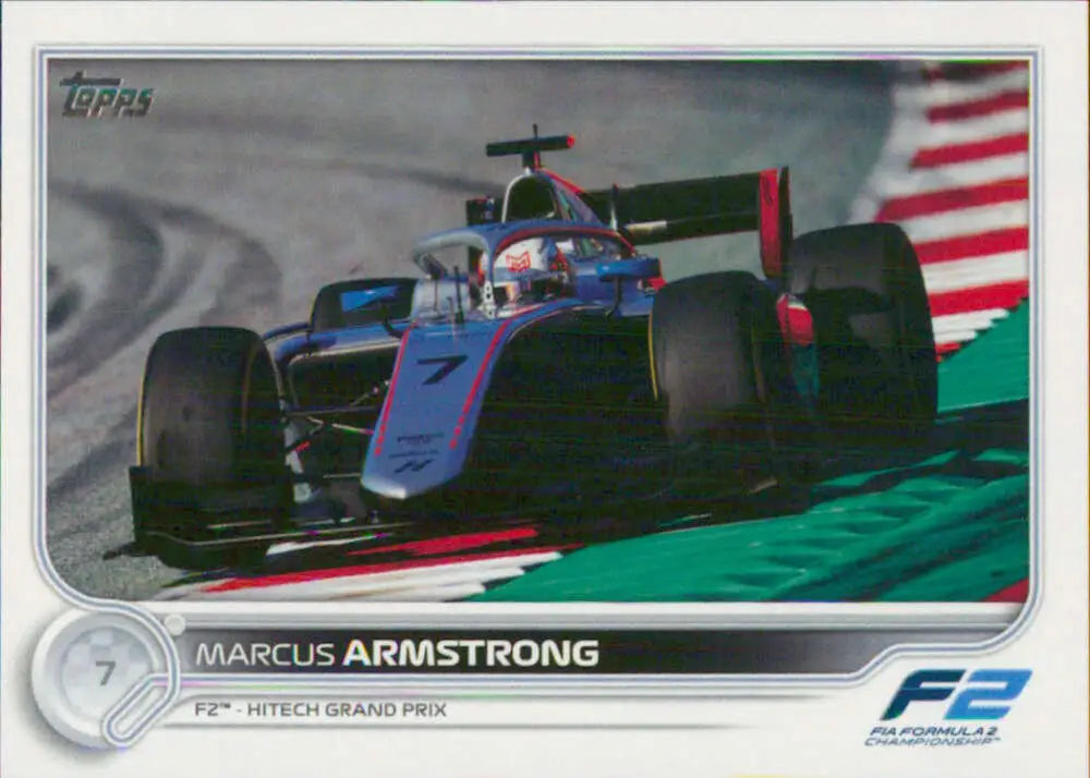 Marcus Armstrong racing card featuring a dark blue Formula 2 car with red accents