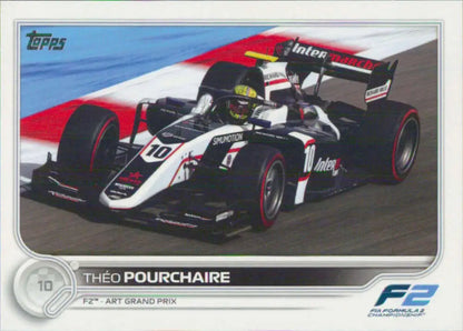 Formula 2 racing car with black and white livery and red Pirelli tires on a Theo Pourchaire card