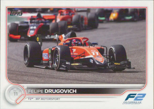 Red and white Formula 2 racing car on track from 2022 Topps Formula 1 Felipe Drugovich card