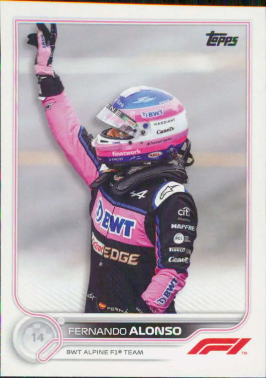 Fernando Alonso celebrating in black and pink BWT Alpine uniform on Topps Formula 1 card