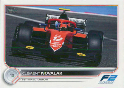 Red Formula 2 racing car number 12 featuring Clement Novalak from Topps Formula racing card