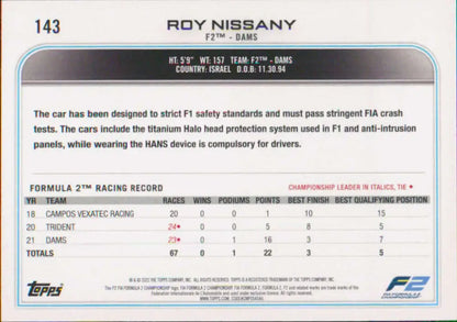 Trading card featuring Roy Nissany’s Formula 2 racing stats and safety info from Topps Formula