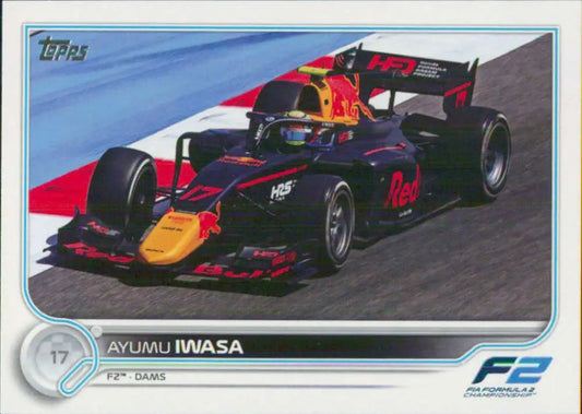 Red Bull Racing Formula 2 car in dark blue and red livery on Ayumu Iwasa Topps Formula card