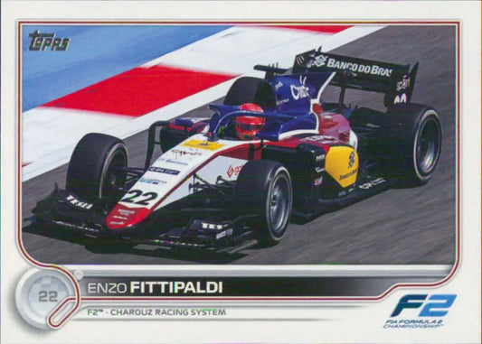 Formula 2 racing car in red, white and blue racing Enzo Fittipaldi Topps Formula card