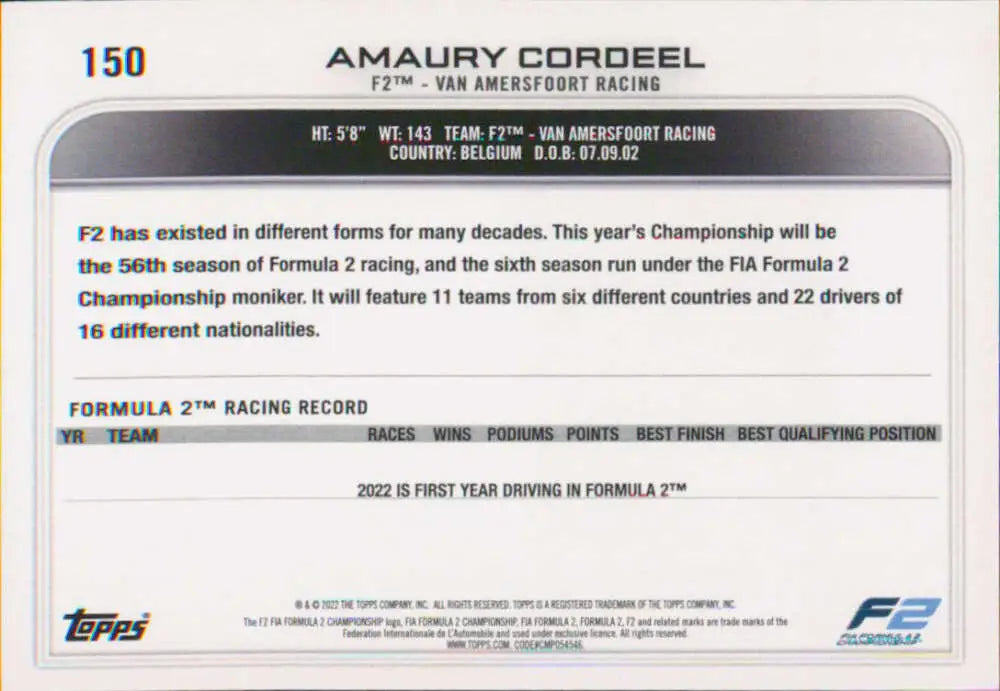 Amaury Cordeel racing card from 2022 Topps Formula 1 featuring driver statistics