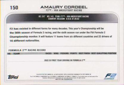 Amaury Cordeel racing card from 2022 Topps Formula 1 featuring driver statistics