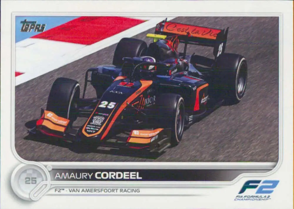 Formula 2 racing car in black and orange livery, Amaury Cordeel Topps Formula card