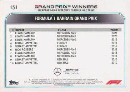 Trading card featuring Lewis Hamilton and Mercedes-AMG Petronas stats from Bahrain Grand Prix