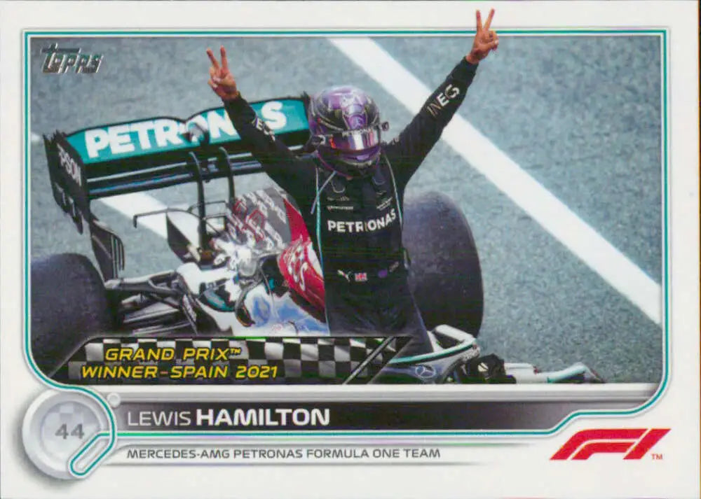 Lewis Hamilton celebrates victory on 2022 Topps Formula 1 racing card #154