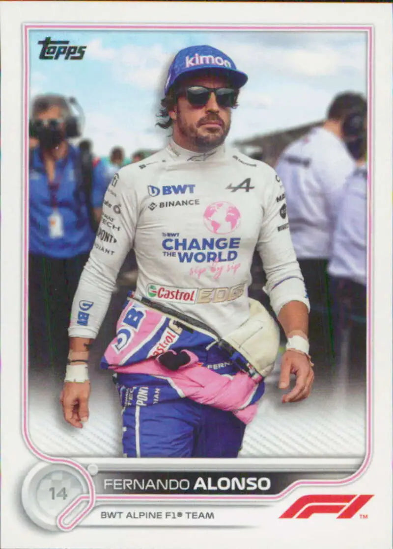 Fernando Alonso in BWT Alpine suit, featured on 2022 Topps Formula 1 racing card