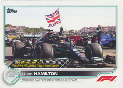 Black Mercedes Formula 1 car with British flag for Lewis Hamilton Topps Formula racing card