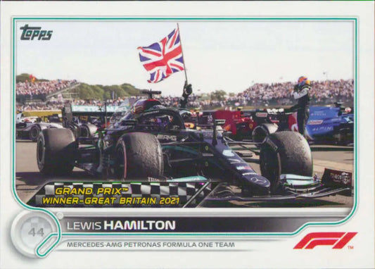 Black Mercedes Formula 1 car with British flag for Lewis Hamilton Topps Formula racing card