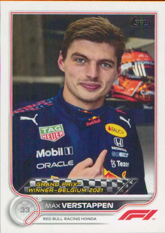 Max Verstappen in Red Bull Racing uniform on 2022 Topps Formula 1 racing card